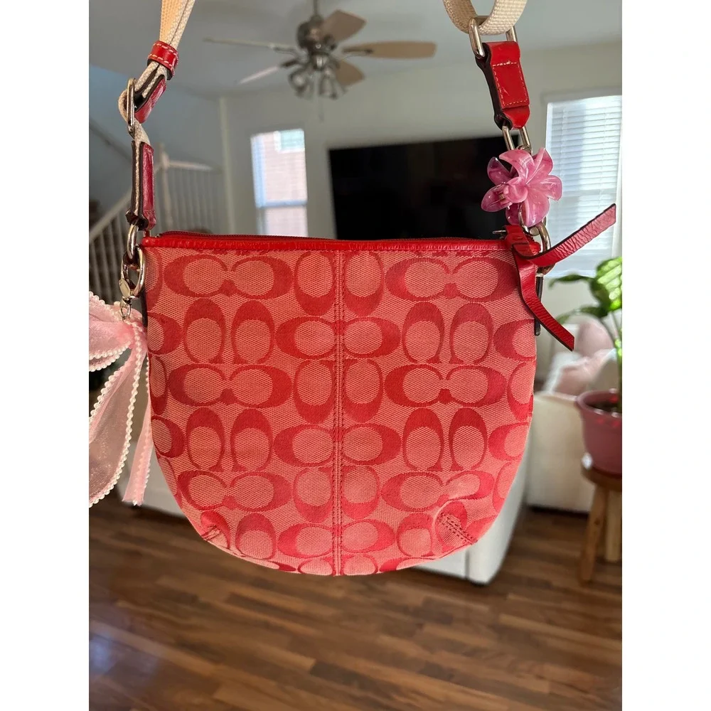 Coach Signature C Red Jacquard Canvas Crossbody Bag Small Messenger Purse